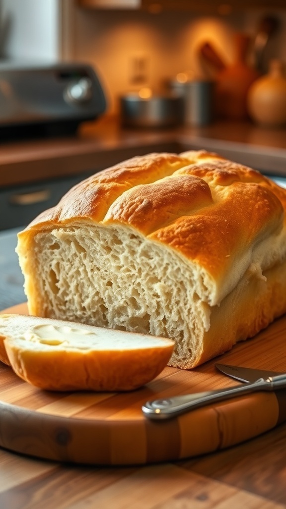 Overnight Sandwich Bread Recipe A golden brown loaf of sandwich bread on a cutting board with slices cut, accompanied by butter.